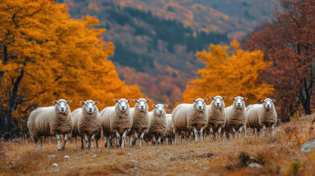 Flock of sheep standing together in a line on a grassy hillside with autumn foliage in the backgroundの素材