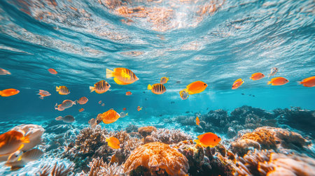 Beautiful coral reef teeming with colorful tropical fish swimming in crystal clear waterの素材