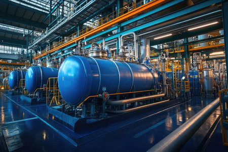 Series of large, blue industrial autoclaves are processing materials inside a modern factoryの素材