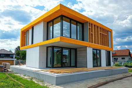 Modern cubic house under construction with exposed concrete and wood being built in a suburban areaの素材