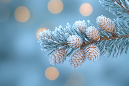 Pine tree branch with cones is covered with frost in winter forest on a blue background with bokeh lightsの素材