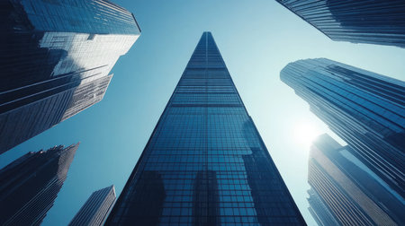 Low angle view of a modern skyscraper towering over the city skyline on a sunny dayの素材