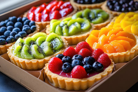 Delicious fruit tarts with various fresh fruits are arranged for sale in a bakery windowの素材