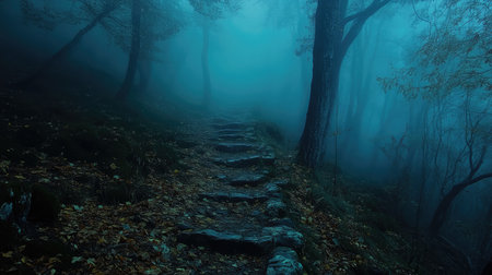 Mysterious and eerie atmosphere surrounds a stone staircase leading upwards through a foggy autumn forestの素材