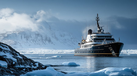 Large cruise ship is sailing through icy waters in the arctic ocean, leaving a trail of broken ice in its wakeの素材