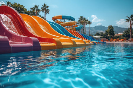 Brightly colored water slides emptying into a swimming pool full of refreshing blue water on a sunny summer dayの素材