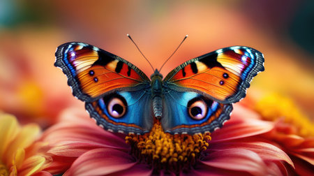 Beautiful peacock butterfly with open wings resting on a pink flower in a field of colorful flowersの素材