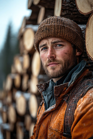 Lumberjack wearing warm winter clothes posing in front of a pile of logs in the snowの素材