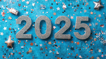 Silver glitter numbers forming 2025 on a bright blue background with star confetti celebrating the new yearの素材