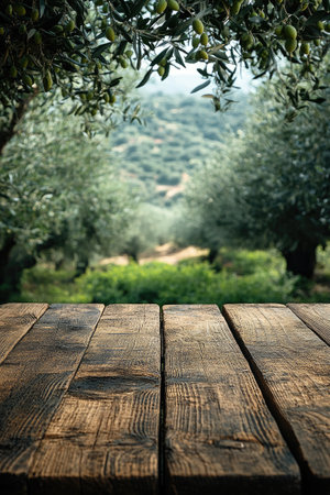 Empty wooden tabletop overlooking a beautiful green olive tree garden at sunset, perfect for product placementの素材