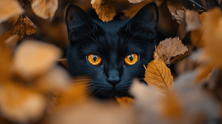 Black cat with yellow eyes is staring out from a bush of orange autumn leavesの素材