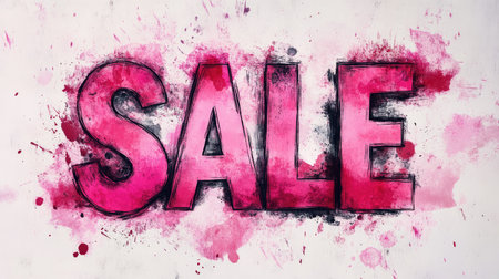 Pink and black sale sign with artistic watercolor splashes, perfect for retail promotions and marketing campaignsの素材