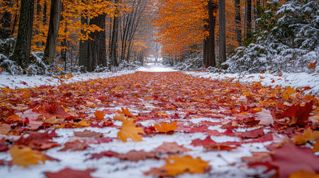Winding road covered with red leaves going through a snowy forest in the mountainの素材
