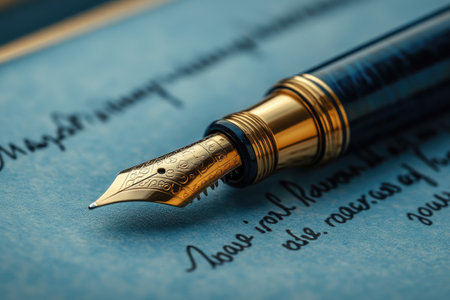 Golden fountain pen writing cursive handwriting on paper with warm bokeh lights in the backgroundの素材
