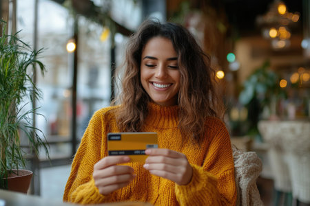 Young woman is smiling while paying with a credit card in a restaurantの素材