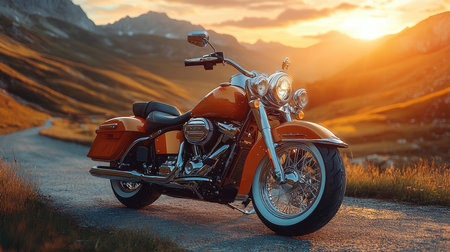 Red and chrome motorcycle is standing on an empty road at sunsetの素材