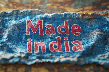 Faded blue material with the words made in India printed in redの素材