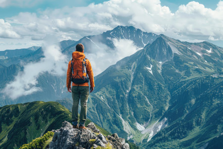 Hiker is enjoying the panoramic view of mountain layers in the distance while standing on a blooming mountain ridgeの素材