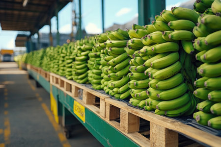 Fresh green bananas are lying on pallets and waiting to be transported from a warehouseの素材