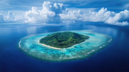 Aerial view of a small tropical island surrounded by coral reef in turquoise water with clouds casting shadowsの素材