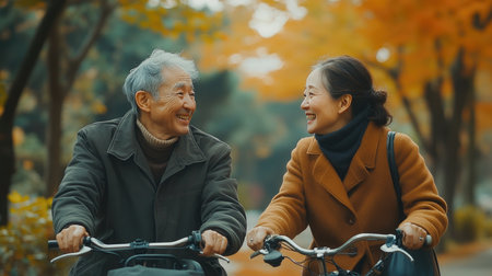 Asian senior couple is sharing a laugh while riding their bikes in a park on a beautiful autumn dayの素材