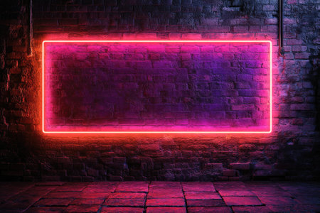 Vivid pink neon sign is glowing on a dark empty brick wall, leaving a blank space for your text or designの素材