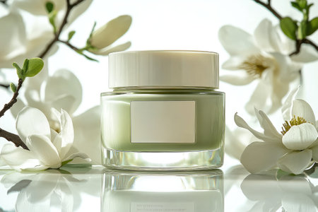 Green cosmetic jar with blank label surrounded by magnolia flowers for branding mockupの素材
