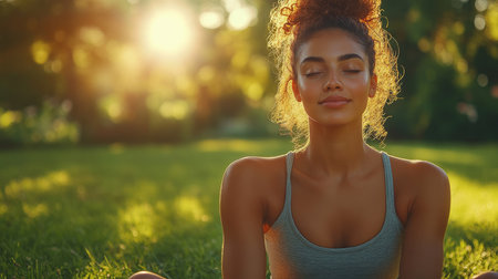 Young woman with curly hair is practicing yoga and meditating in a park at sunsetの素材