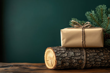 Christmas gift wrapped in craft paper with twine and pine tree branch on a rustic wooden table creating a cozy winter holiday moodの素材