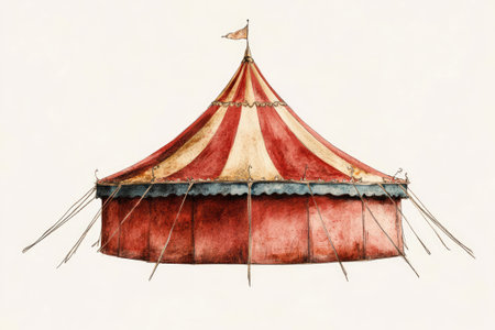 Watercolor painting of a classic circus tent with red and white stripes on a white backgroundの素材