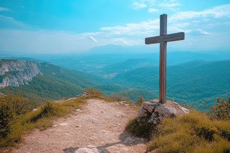 Weathered wooden cross is standing on a mountain top, overlooking a breathtaking vista of rolling hills and valleysの素材