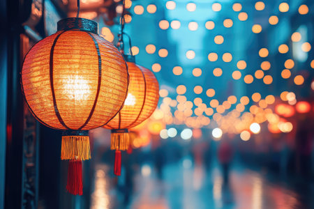 Red Chinese lanterns glowing during Chinese New Year celebrations in Chinatownの素材