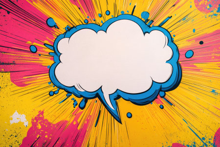 Blank comic book speech bubble is exploding out of a colorful halftone backgroundの素材