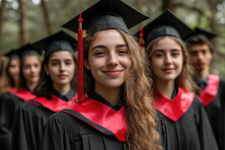 Group of young students wearing graduation gown and cap are standing in a row outdoors and smilingの素材