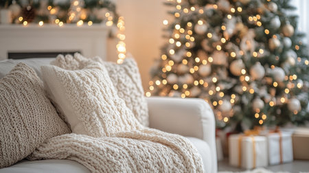 Cozy home interior with Christmas tree, fireplace and comfortable sofa decorated with knitted plaid and cushionsの素材