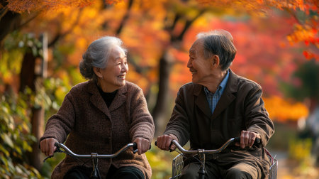 Elderly couple is enjoying a bike ride together through a park filled with colorful fall foliageの素材