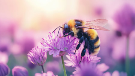 Close-up of bumblebee extracting nectar from purple flower, showcasing pollination process in vibrant summer meadowの素材