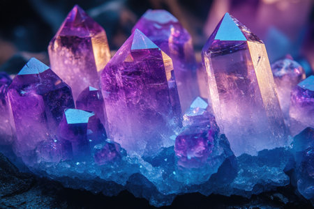 Beautiful amethyst crystals showing vibrant purple and orange colors are growing on dark rock with a black backgroundの素材