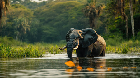 Wild African elephant taking a bath in a river in a beautiful jungle during sunsetの素材