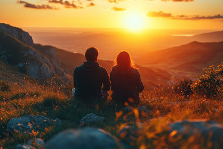Two hikers enjoying a breathtaking sunset over a mountain valleyの素材