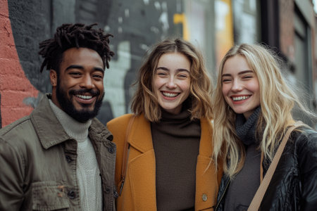 Three cheerful young friends are enjoying their time together in a vibrant urban environment, showcasing their genuine happiness and camaraderieの素材