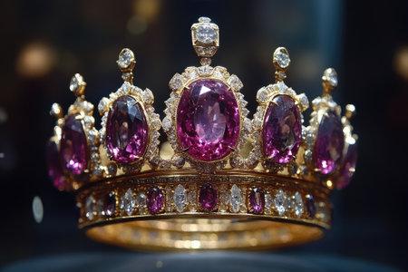 Golden crown adorned with pink gemstones and diamonds, symbolizing royalty, power, and luxuryの素材