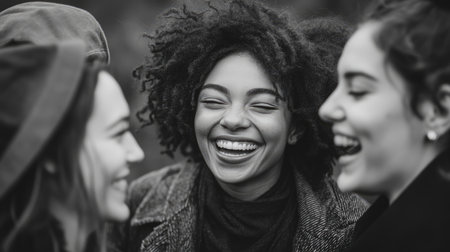 Three cheerful female friends enjoying time together, laughing and creating happy memoriesの素材