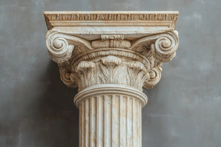 Architectural detail of an ionic column capital, featuring acanthus leaves and volutes, set against a gray backgroundの素材
