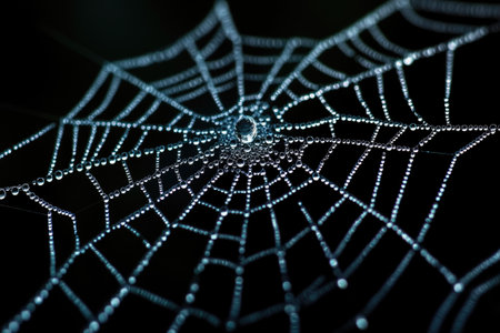 Intricate spiderweb glistening with delicate dew drops, creating a beautiful natural pattern against a dark backdropの素材