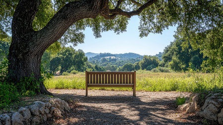 Wooden bench sits peacefully beneath a large oak tree, offering a tranquil spot to enjoy the serene view of rolling hills and lush greeneryの素材