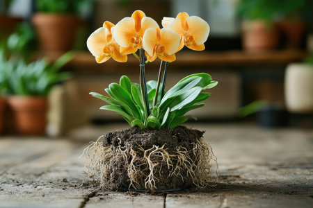 Orange phalaenopsis with exposed roots stands on a wooden table, showcasing its delicate beauty and healthy root systemの素材