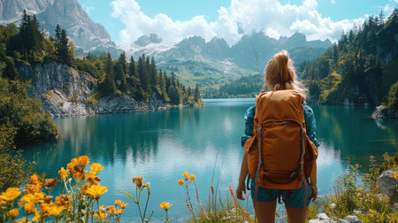 Female hiker with orange backpack enjoying breathtaking view of turquoise lake and mountains in the Italian Dolomitesの素材