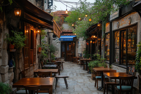 Wooden tables and chairs sit outside restaurants lining a European cobblestone street illuminated by warm string lightsの素材