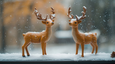 Two reindeer figurines covered with snow stand on a windowsill with snow falling outside during winterの素材